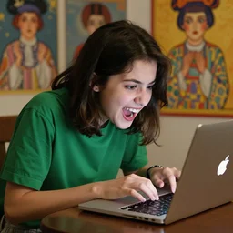 a very cute girl is typing frantically on the keyboard of her macbbok, she wears a green shirt, she is very excited and overwhelmed by excitation, cinematic and dramatic, 8 k, crisp lines, sharp edges, vibrant colors by artgerm, cushart krenz, greg rutkowski, mucha and norman rockwell