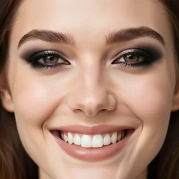 forehead visible, beautiful smile with pretty teeth, black eye shadow, realistic natural lighting, caucasian