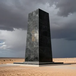 a long shot national geographic color photograph by carr clifton depicting a gigantic shining memorial to the dead made of black marble in an arid desert landscape with roiling storm clouds