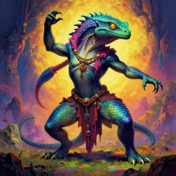 A psychedelic portrait of shadar-kai shadow dancer giant subterranean lizard , vibrant color scheme, highly detailed, in the style of romanticism, cinematic, artstation, Moebius, Greg rutkowski