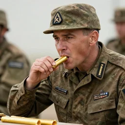 a soldier eating an uranium fuel rod, photorealistic, 4k,