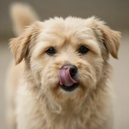 light brown furry dog licking its nose