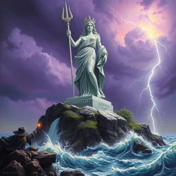 gigantic marble statue of the goddess of the sea wielding a trident on an island. roiling waves at the base. scene lit by lightning. thunderclouds in the background. fantasy setting. magicians praying to the statue. purples and greens. fantasy aesthetic. extremely detailed. oil painting.