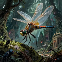 dramatic angle on realistic giant dragonfly with few element of cyberpunk armor attacking very tiny dark creatures in fantasy jungle, by moebius!!!!, gaston bussiere!!!!, ayami kojima, amano, greg hildebrandt, and mark brooks, art nouveau, cyberpunk, neo - gothic, cinematic view!!!, dynamic lighting, night