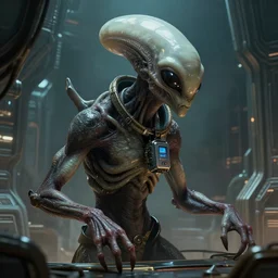 an alien monster with a device around it's neck trapped in a sci fi room, intricate, highly detailed, digital painting, artstation, sci fi, smooth, rimlight, sharp focus, illustration, unreal engine 5, 8 k, art by artgerm and greg rutkowski