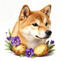 the head of an incredibly elegant and beautiful shiba partially made of potatoes and violets, an ultrafine detailed illustration by james jean, final fantasy, intricate linework, bright colors, behance contest winner, vanitas, angular, altermodern, unreal engine 5 highly rendered, global illumination, radiant light, detailed and intricate environment