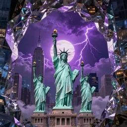 of a futuristic photo - realistic new york city with mirrored windows in a crystalline cave : 4, the statue of liberty : 2, highly symmetrical, balanced, purple lightning clouds : 3, octane render, clouds : 2, violet sun : 4, in the style of sahm : 3, hd, ultra - realistic, in unreal engine