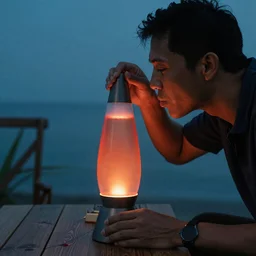a man drinking a lava lamp