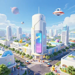 a new future urban city, white buildings + colorful decorative + led billboards + brand logo + pedestrian crossing, cute future vehicles, cute spacecraft flying in the air, many pokemon walking on the street, cute scene, landscape, huge universe, alien planet in the sky far away, game center + sports center buildings, dokev, ratchet & clank, overwatch, splatoon 3, big hero 6, zootopia,