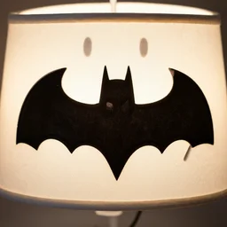 a closeup photorealistic photograph of a batman style lamp shade featuring batman face. ikea product photo. highly realistic intimate photography. bright scene. fine detail. this 4 k hd image is trending on artstation, featured on behance, well - rendered, extra crisp, features intricate detail, epic composition and the style of unreal engine.
