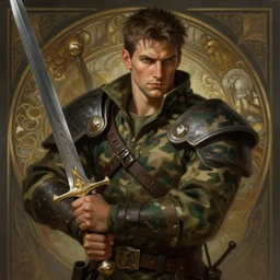 a portrait of a male warrior, wearing camouflage, holding a sword, deep focus, d & d, fantasy, intricate, elegant, highly detailed, digital painting, artstation, concept art, matte, sharp focus, illustration, hearthstone, art by artgerm and greg rutkowski and alphonse mucha