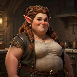 Portrait | chubby plump female dwarven cook| kitchen | complex adorned braided hair | style by greg rutkowski, larry elmore, giotto dramatic light | high detail | cinematic lighting | artstation |shorty broad fat woman| happy hearty expression | dungeons and dragons |
