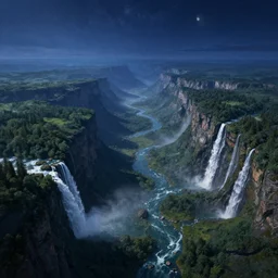 beautiful fantasy landscape, nearby mountains with waterfalls, distant forest, river, dark blue night, stars, moon, by james gurney, by noah bradley, by frederic edwin church, aerial perspective, concept art, matte painting, intricate, hyper detailed, volumetric atmosphere, sharp focus, octane render, trending on artstation, 8 k