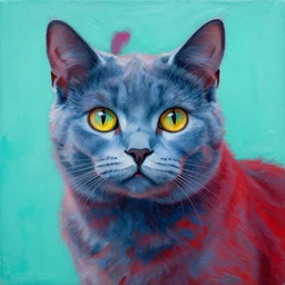 big blue cat with red sable. turqoise background. painting by eddie mendoza, greg rutkowski