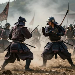 ancient samurai fighting on a battle field, photograph, atmospheric, 8 k, cinematic