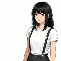 a woman with black hair and long pixie haircut in shorts with suspenders and white t-shirt drawn by frederic leighton, gustave caillebotte, Alexandre Cabanel, norman rockwell, dominique ingres, maler collier, peter paul rubens, alphonse mucha, gustav klimt 4k, unreal 5, DAZ, french noveau, trending on artstation, octane render, hyperrealistic