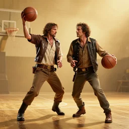 wyatt earp and doc holliday play basketball, kurt russell and val kilmer, hyperrealistic, volumetric golden dappled dynamic lighting, highly detailed, sharp focus, by victo ngai, artgerm
