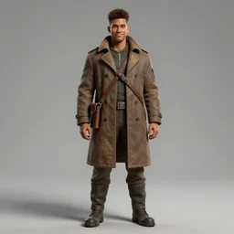full body portrait of gunner, male, tuffle coat, bandolier, brown skin, spiky short hair, smirk, aesthetic, high fantasy, extremely detailed, smooth, sharp focus, digital illustration, by artgerm, rossdraws, wlop, collectible card art