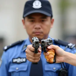 closeup portrait of police keeping croissants at gunpoint, photograph, world press photo, natural light, sharp, detailed face, magazine, press, photo, steve mccurry, david lazar, canon, nikon, focus