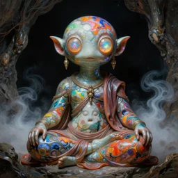 a baroque neoclassicist sci - fi portrait of a colorful chrome marble creature meditating in a cave with big glowing eyes. iridescent textures. glowing fog, black background. highly detailed fantasy science fiction painting by moebius, norman rockwell, frank frazetta, and syd mead. rich colors, high contrast, artstation