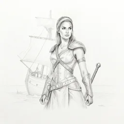 A beautiful female warrior on a pirate ship at a deserted island, faded outline, realism pencil drawing on white paper, bald lines