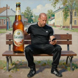 vin diesel in black adidas sport costume, as gopnik character, sitting on a bench with a big bottle of beer and a smartphone, in the courtyard of a provincial russian town, intricate, oil on canvas, naturalism