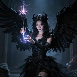 beautiful young dark mage with black angelic wings casting a powerful spell, cinematic lighting, dramatic atmosphere, 4k resolution, trending on artstation