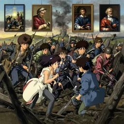 in the trenches of war. art by hayao myiazaki, junji ito, goya, otto dix, caravaggio.