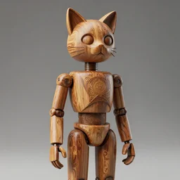 3 d octane render, ultra photorealistic, 8 k hyper detailed image, a beautiful wooden statue of a robot with cat ears, cgsociety, alphonse mucha
