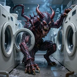 demonic creature with giant claws crawling out of a washing machine in a laundry room, cinematic lighting, inspired by Evgeny Lushpin,George, greg rutkowski winter,nighttime,cinematic,art station