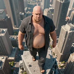 strong middle aged balding man larger than skyscrapers walks around the city, bird's eye view, highly detailed, digital art, sharp focus, super realistic, octane render