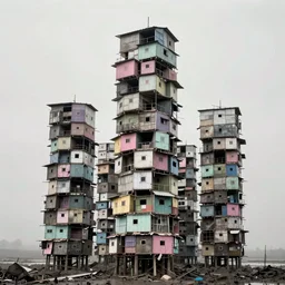 towers made up of densely stacked makeshift squatter shacks with pastel colours suspended over a quagmire, plain uniform sky at the back, misty, mamiya, ultra sharp, very detailed, photographed by man ray