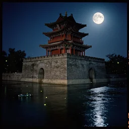 kodak portra 4 0 0 photographic and realistic, ancien chinese tower, temple, night, fireflys, moonlight, detailed, 4 k, artstation, hyper realistic, wide angle, floor flooded, how a river, objects that float, 3 5 mm, sharp focus, soft light, volumetric light, in the style of gregory crewdson