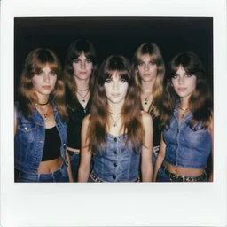 Women, girls in a proto-metal band, 70s heavy metal, long shaggy-haired rockers, wearing denim, 1972, super 8mm, Polaroid