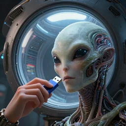 aliens made supercomputer with organic parts the giant window inside ufo, taking data to usb stick, close up view, masterpiece. rendered in blender, ultra realistic, smooth shading, ultra detailed, high resolution, cinematic, unreal 6, perfect face, cyberpunk, fine details, studio lighting, subtle shadows, art by katsuya terada, photorealism, hyper realism, octane render, hyper detailed, canon eos r 3, f / 1. 4, iso 2 0 0, 1 / 1 6 0 s, medium shot, 8 k, raw, unedited, in - frame,