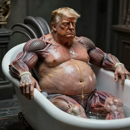 sculpture : ( subject =! donald trump!! baron vladimir harkonnen! hybrid in alien bathtub + subject detail = sweaty, obese, oozing bile, intricate, desaturated, in the style of dom qwek, john howe ), intricate detailed, monster anatomy, anatomical, ommatidia, 8 k, cinematic atmosphere, post - processing
