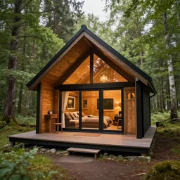 ultra wide angle photograph of cozy hygge tiny cabin in idyllic cozy forest, beautiful elegant architecture