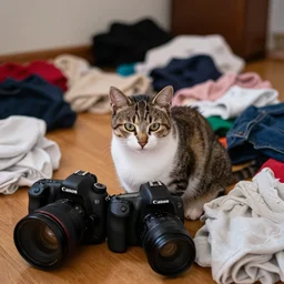 a cat in a room full of clothes on the floor, detailed photo, Canon 5D, 50mm lens
