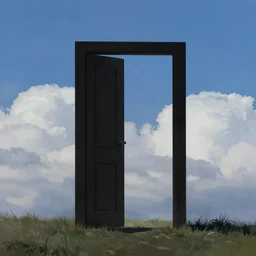 dark portal shaped as a door open mid air air, the portal is black, a blue clear sky in the background full of puffy clouds, behind the door, grass below, matte painting, artstation trending