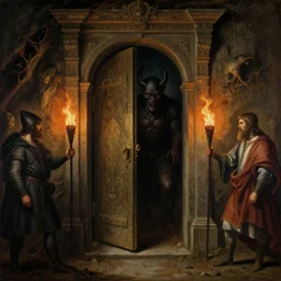 opening of an ancient door in cave leading to demon world, dark, fire torches, medieval renaissance, painting, high detailed, bleak, detailed background, tintoretto, raphael, wlop