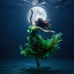 woman dancing underwater in long green dress made of seaweed that is flowing in the current, moonlit, cyberpunk style