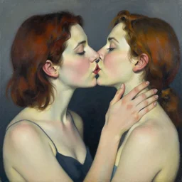 a portrait of two women kissing in the style of tom bagshaw