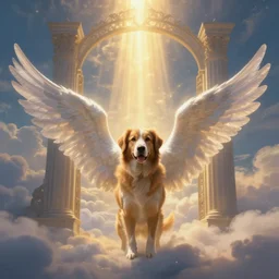 a beautiful digital painting of a dog with angel wings in front of gates of heaven, Tyndall effect, golden heavenly lights, breathtaking clouds, 4K, HDR