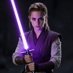 emma watson as a jedi with ripped and damaged clothes holding a purple lightsaber in her hands, very dark background, official star wars episode xii movie poster, perfect symmetrical face, moody lighting, 8 k, shallow depth of field, intricate detail,