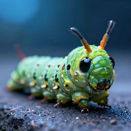 high quality close-up photo art deco puss moth caterpillar! gorgeous highly detailed hannah yata elson peter cinematic blue lighting high quality low angle hd 8k sharp shallow depth of field