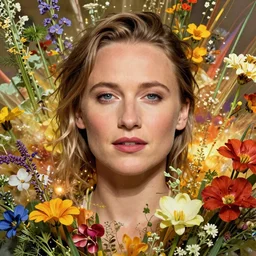 a head and shoulders portrait of alicia vikander surrounded by an explosion of wild flowers, vibrant lighting, by joshua middleton, by alphonse mucha, by edgar maxence, by gustav klimt, by gregory manchess, by wes anderson, by wayne barlowe, by james gilleard, intricate, detailed, single head, hyper realistic, octane render
