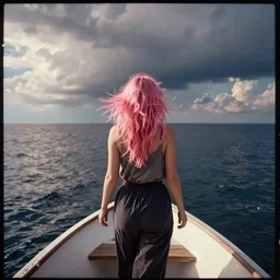 analogue aurochrome photo of a girl with pink hair going alone with a boat into the sea, shot from the distance and the back, filmgrain,