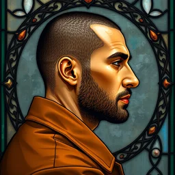 detailed portrait of gaunter o'dimm, master mirror, profile view, side view, middle eastern man, 4 0 years old, brown coat, buzzcut, slight stubble, stained glass art, by alphone mucha, very masterful, no artifacts