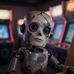 ominous photo of a broken down animatronic character in an arcade peering at the camera, 100mm, bokeh