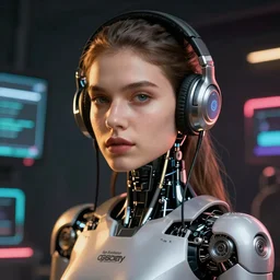 a humanoid robot woman with headphones on, cyberpunk art by Ilya Kuvshinov, trending on cgsociety, computer art, ilya kuvshinov, artstation hd, artstation hq